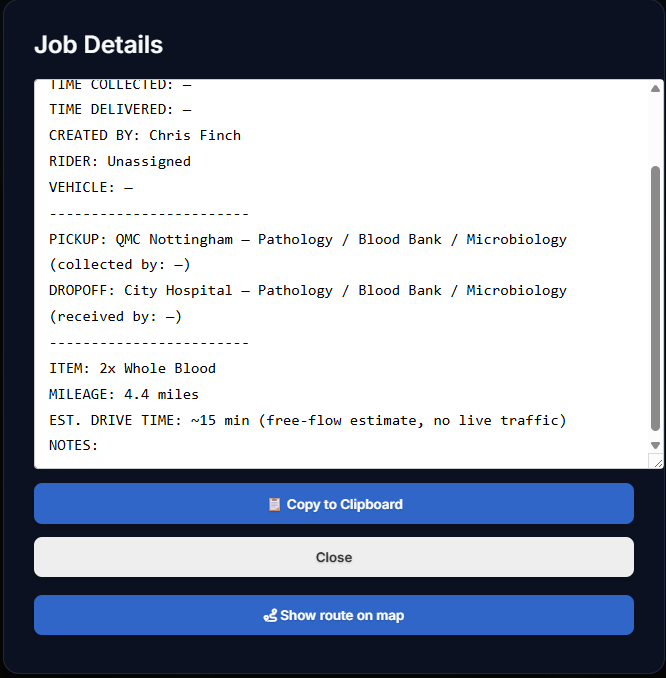 A job card showing the estimated drive time and road distance