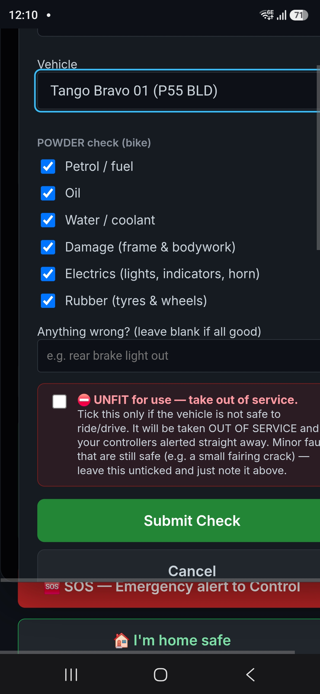 Pre-ride vehicle check form